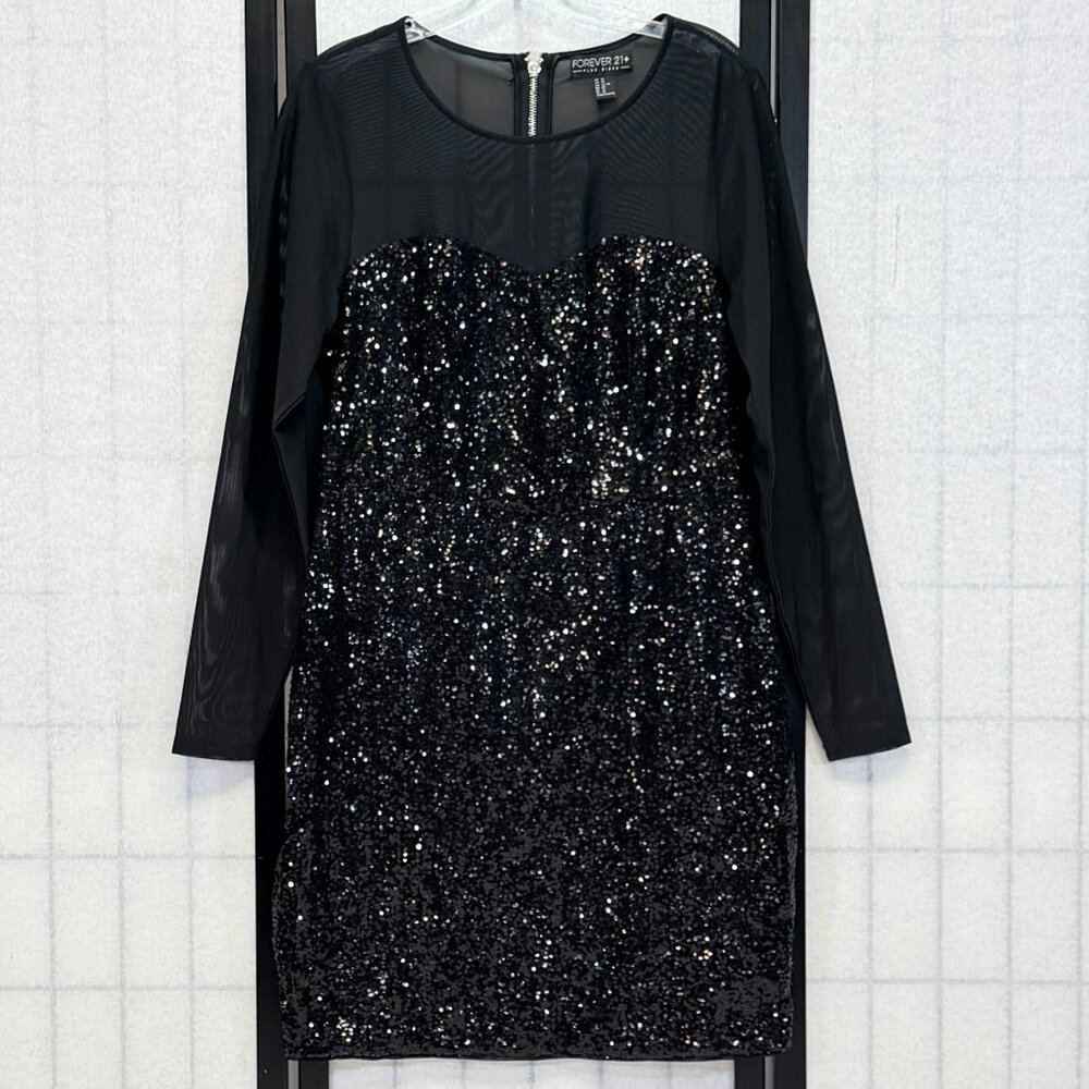 Forever 21+ Mesh Sweetheart Neck Sequin Bodycon Dress XL Black Long Sheer Sleeve
